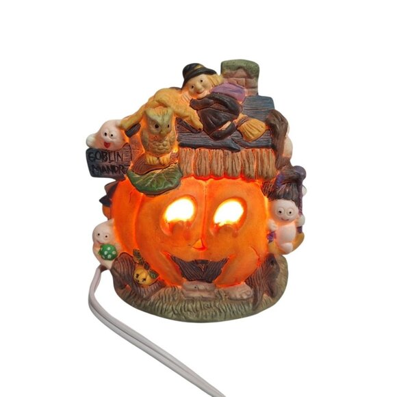 Goblin Manor Halloween Light Up Ceramic Jack-O-Lantern Pumpkin Ghost Witch Works - Picture 1 of 10